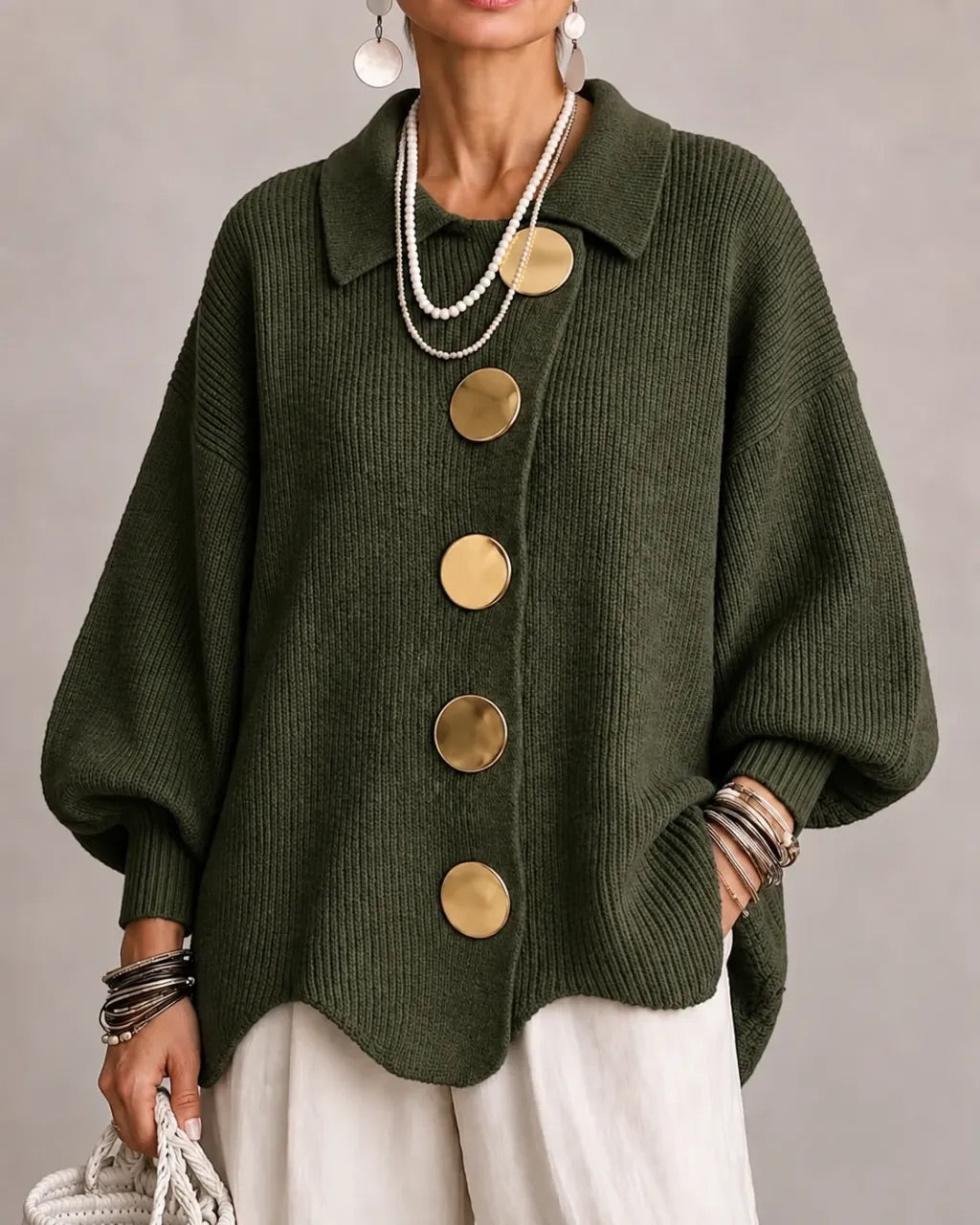 Pauline | Button-Front Scalloped Hem Cardigan - Army Green