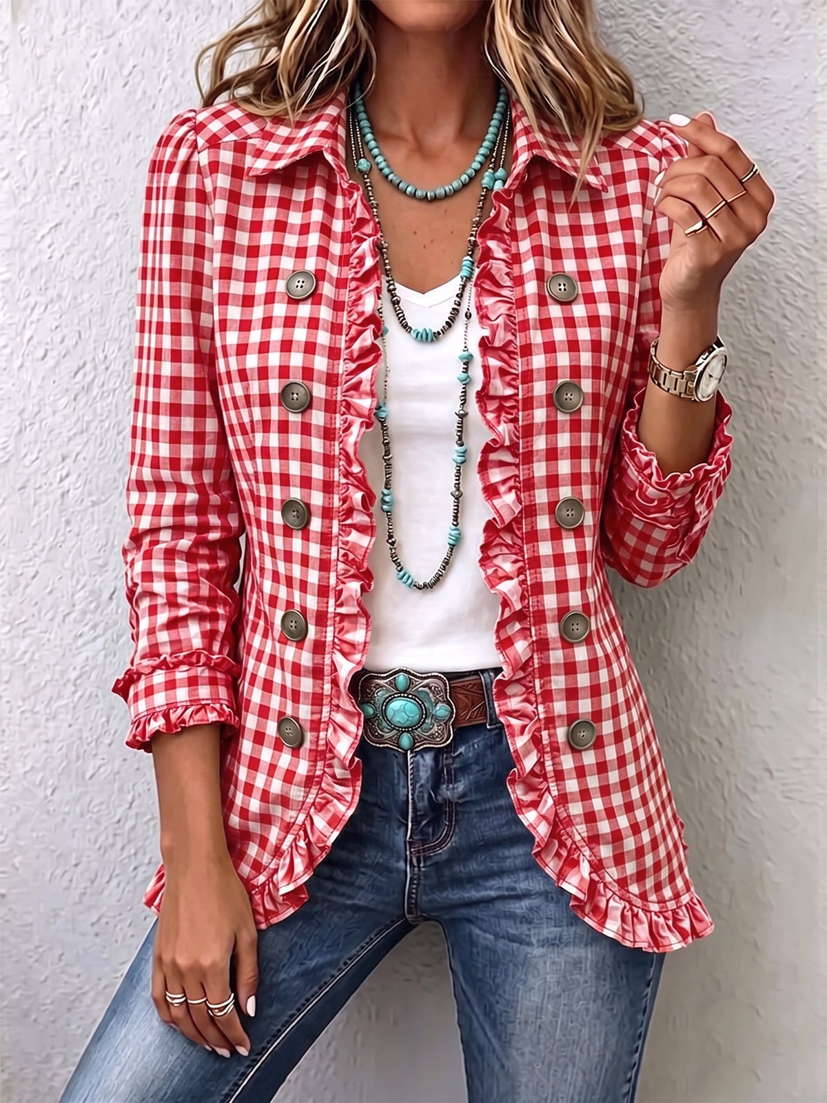 Charlene | Checked Ruffled Button Down Jacket