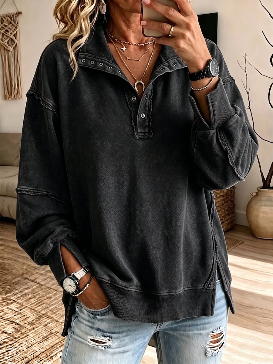 Hazel | Raw-Edge Henley Sweatshirt - Black