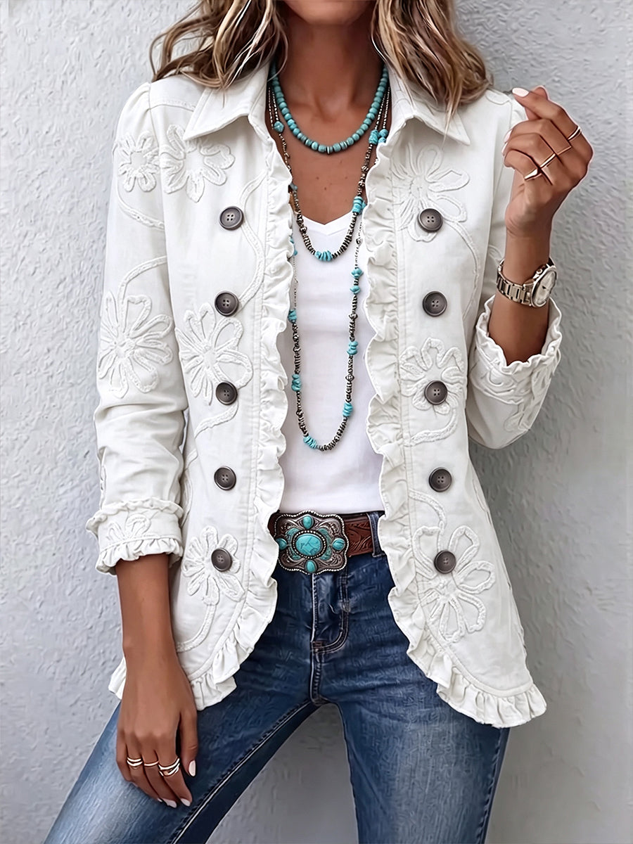 Marisol | Ivory Floral Embroidered Utility Ruffle Jacket