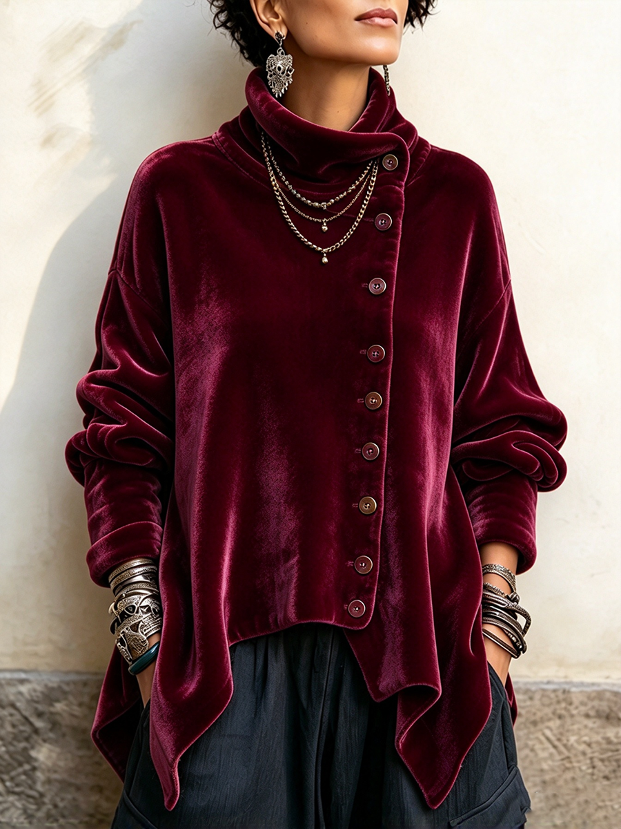Celeste | Asymmetric Button Turtleneck Top - Burgundy