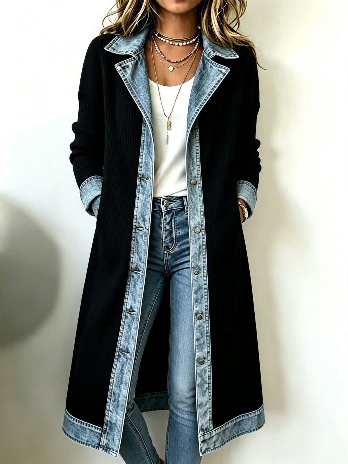 Riley | Long-Line Cardigan with Contrast Trim - Black