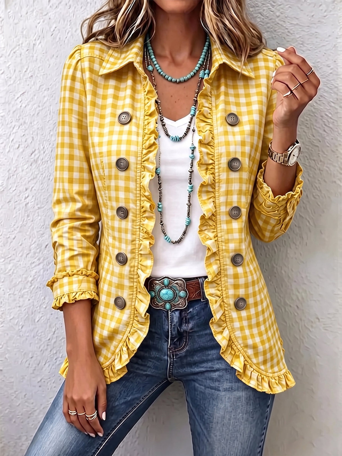 Charlene | Checked Ruffled Button Down Jacket