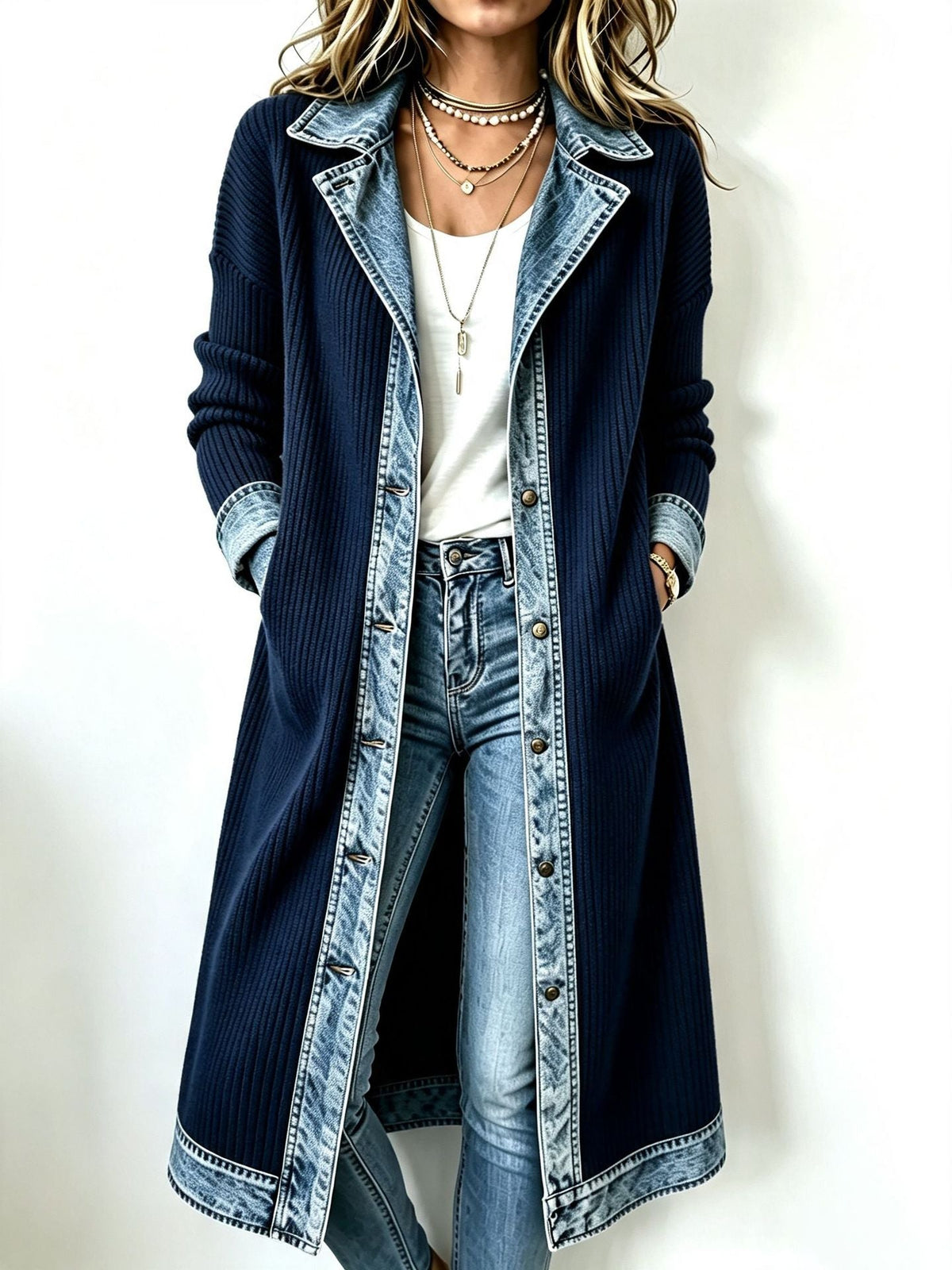 Riley | Long-Line Cardigan with Contrast Trim - Navy