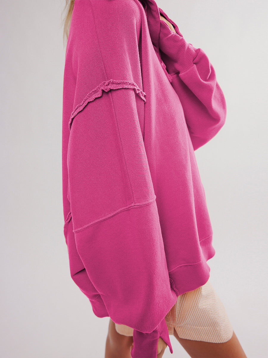 Hazel | Raw-Edge Henley Sweatshirt - Rose Red