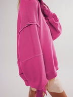Hazel | Raw-Edge Henley Sweatshirt - Rose Red