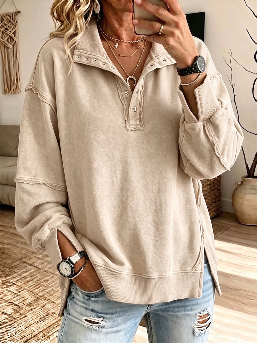 Hazel | Raw-Edge Henley Sweatshirt - Apricot