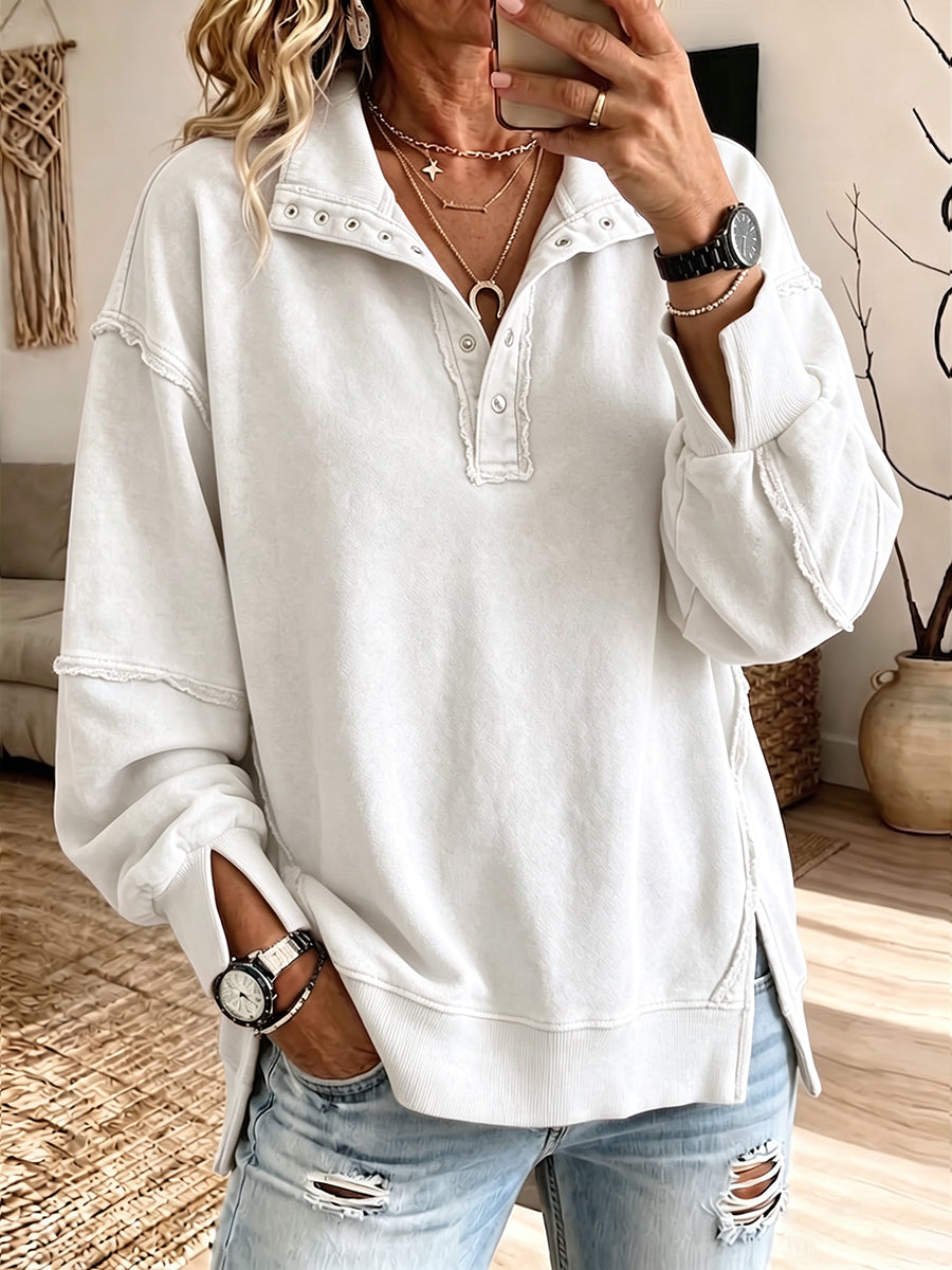 Hazel | Raw-Edge Henley Sweatshirt - White