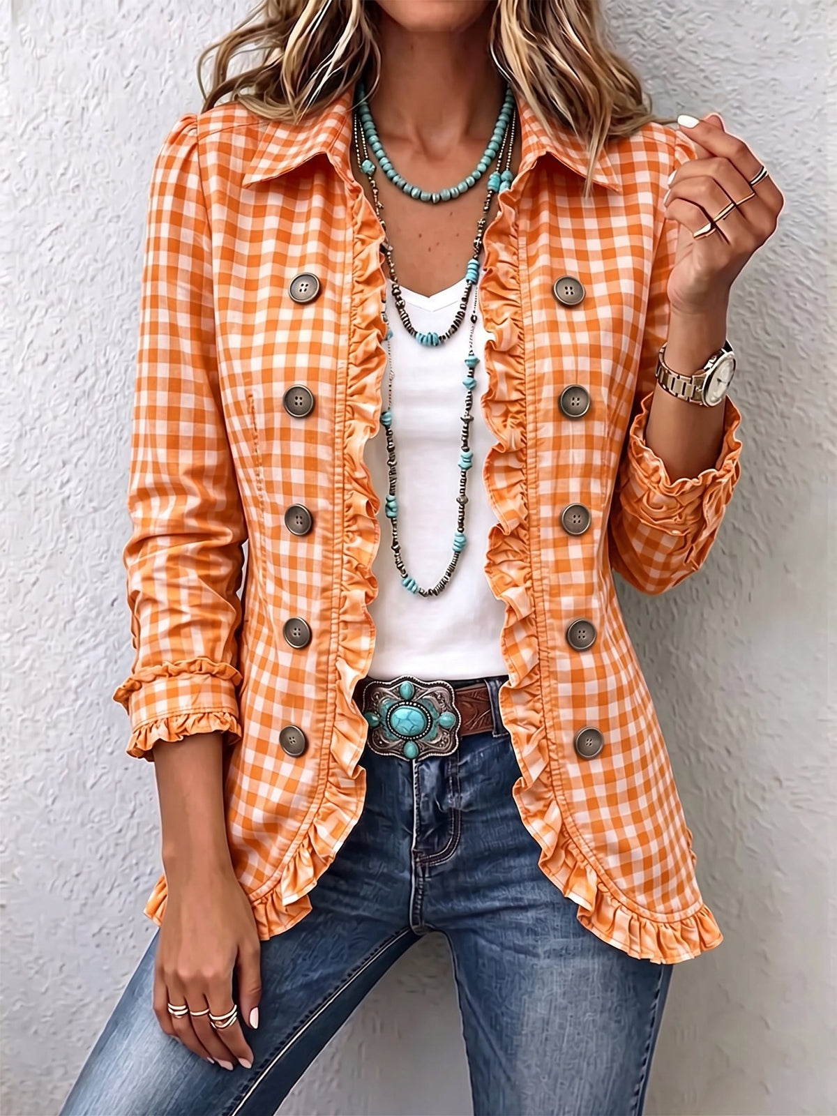Charlene | Checked Ruffled Button Down Jacket