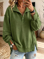 Hazel | Raw-Edge Henley Sweatshirt - Olive