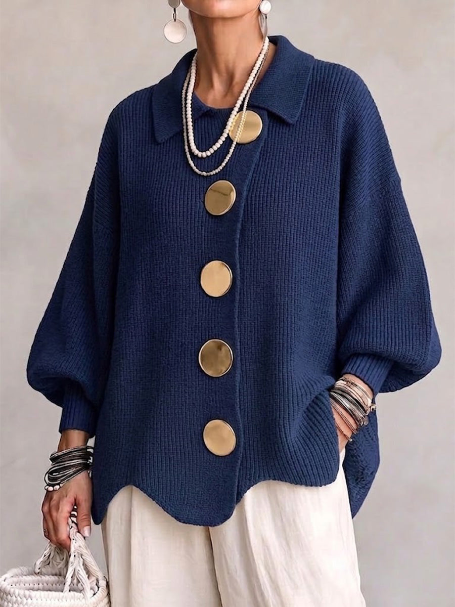 Pauline | Button-Front Scalloped Hem Cardigan - Navy Blue