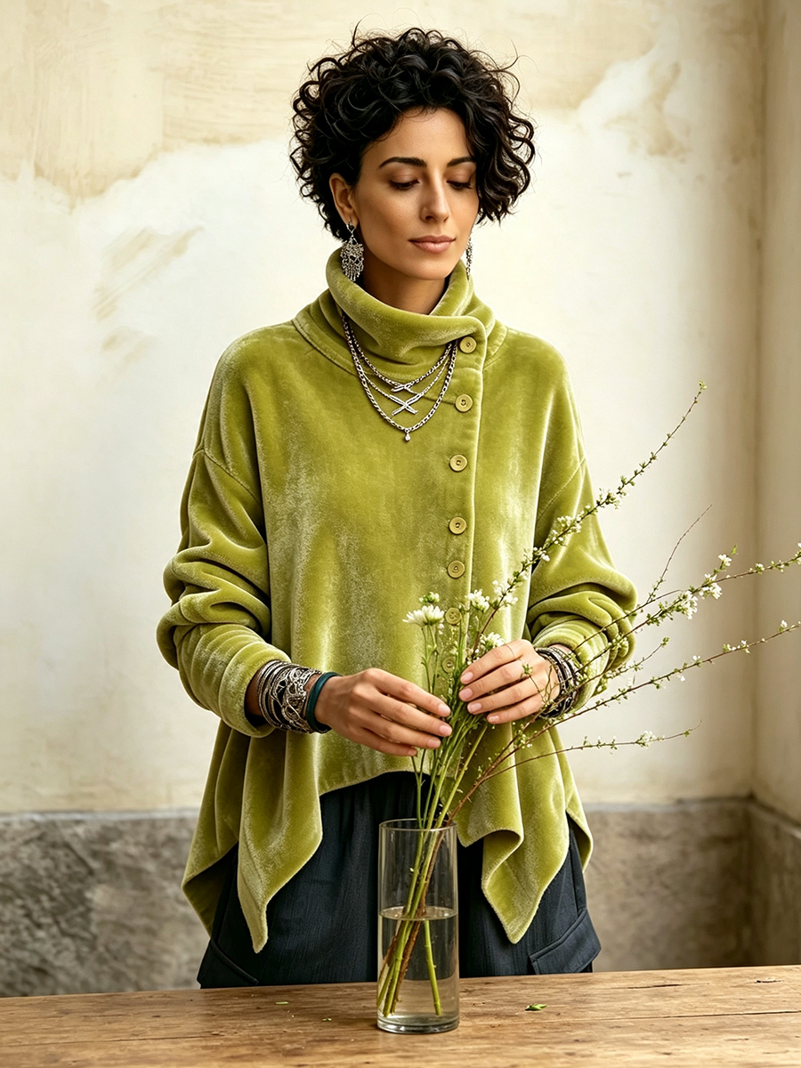 Celeste | Asymmetric Button Turtleneck Top - Green