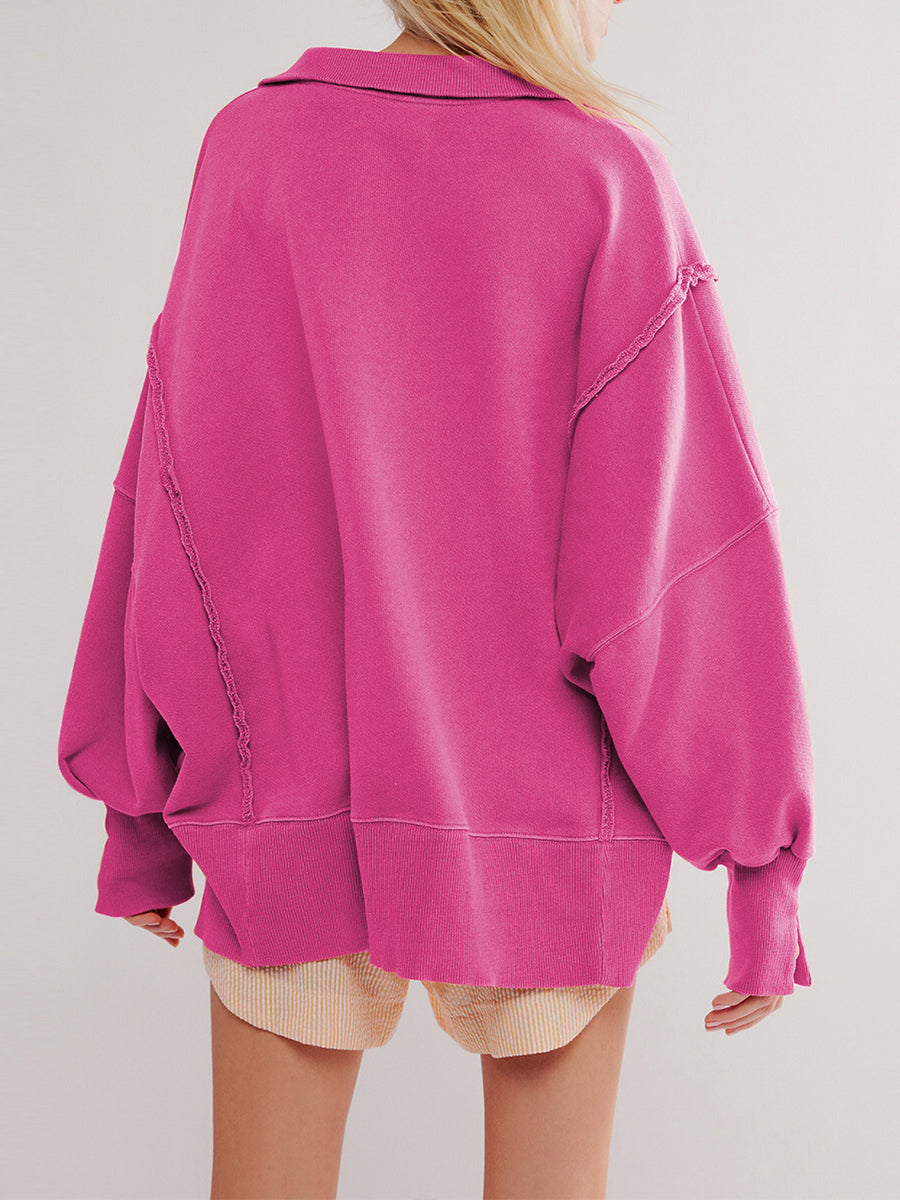 Hazel | Raw-Edge Henley Sweatshirt - Rose Red