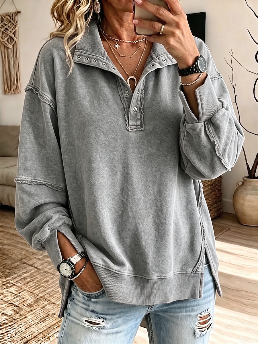 Hazel | Raw-Edge Henley Sweatshirt - Grey