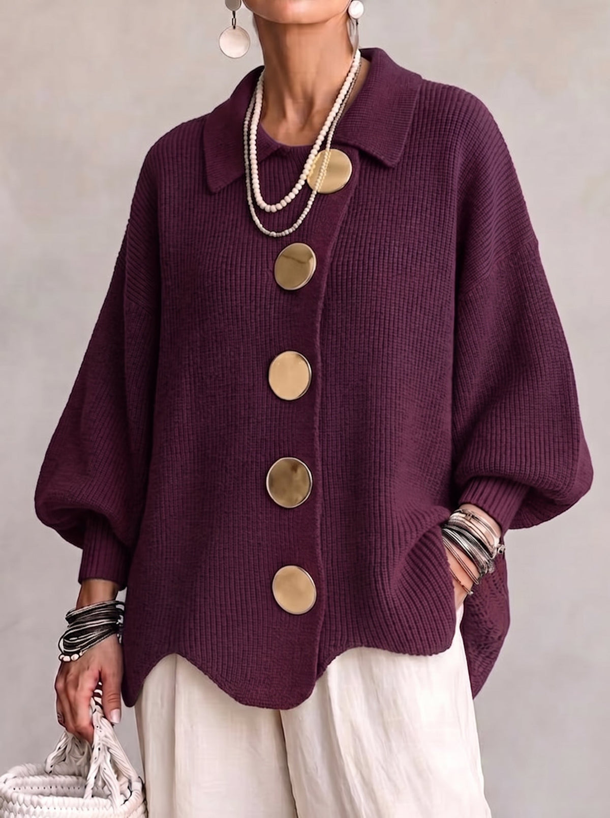 Pauline | Button-Front Scalloped Hem Cardigan - Wine