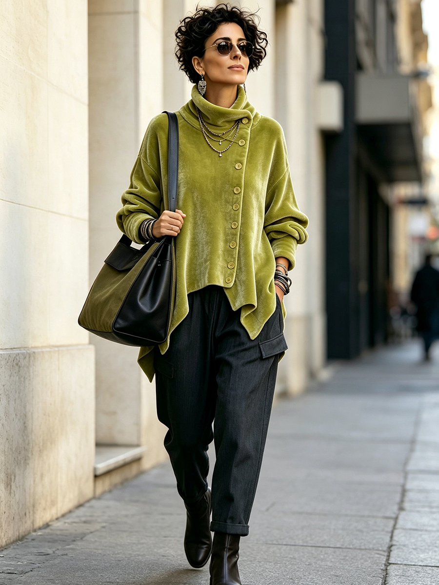 Celeste | Asymmetric Button Turtleneck Top - Green