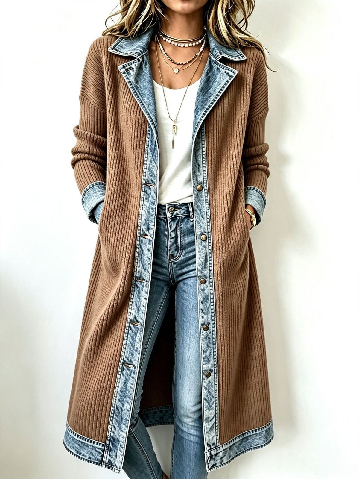 Riley | Long-Line Cardigan with Contrast Trim - Khaki