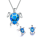 Sea Turtle Necklace + Earrings Set Opal and Silver