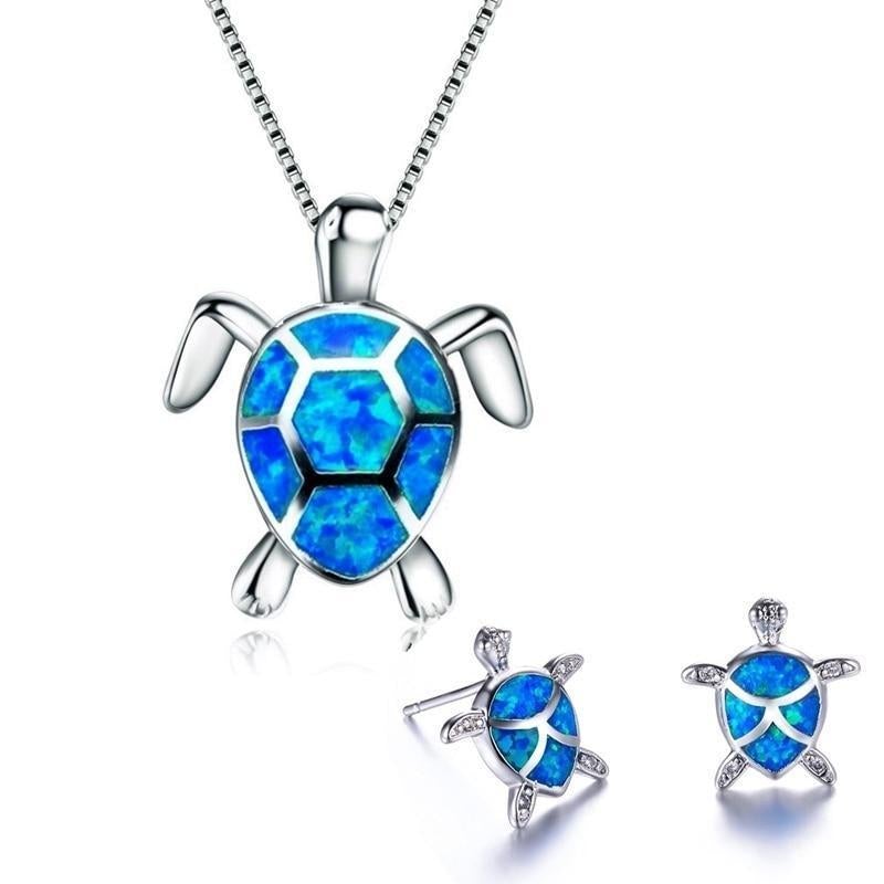 Sea Turtle Necklace + Earrings Set Opal and Silver