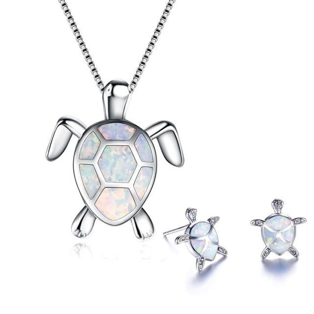 Sea Turtle Necklace + Earrings Set Opal and Silver