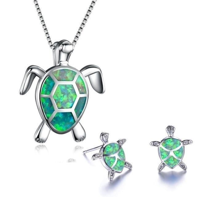Sea Turtle Necklace + Earrings Set Opal and Silver
