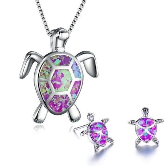Sea Turtle Necklace + Earrings Set Opal and Silver