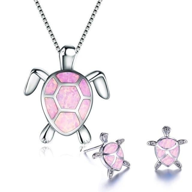 Sea Turtle Necklace + Earrings Set Opal and Silver