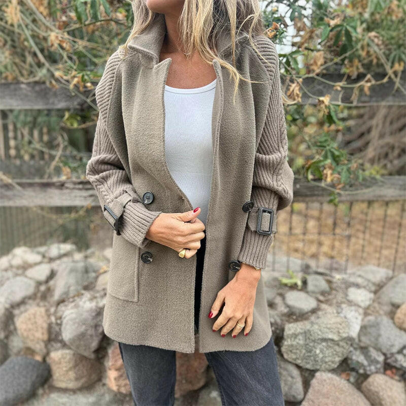 Isola | Knit Sleeve Double-Breasted Coat - Grey-Green