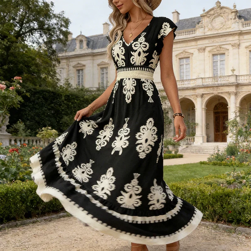 Candela | Baroque Style Maxi Dress with V-Neck