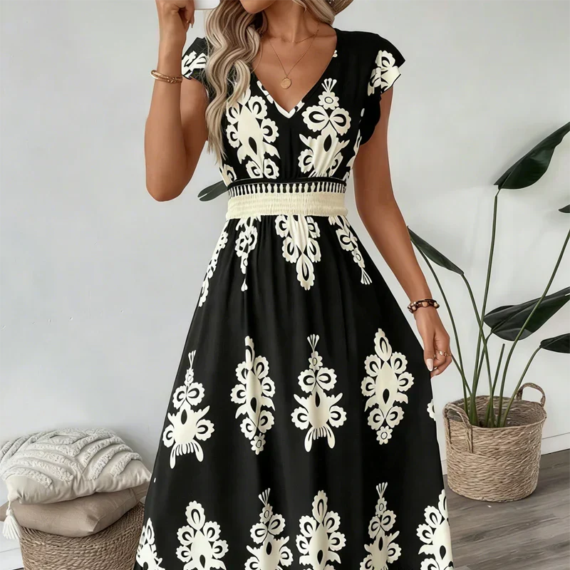 Candela | Baroque Style Maxi Dress with V-Neck