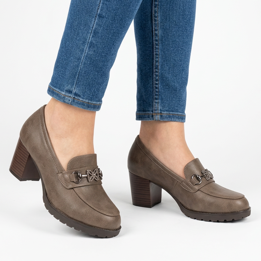 Veronica | Rhinestone Block-Heel Loafer - Taupe