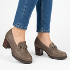 Veronica | Rhinestone Block-Heel Loafer - Taupe