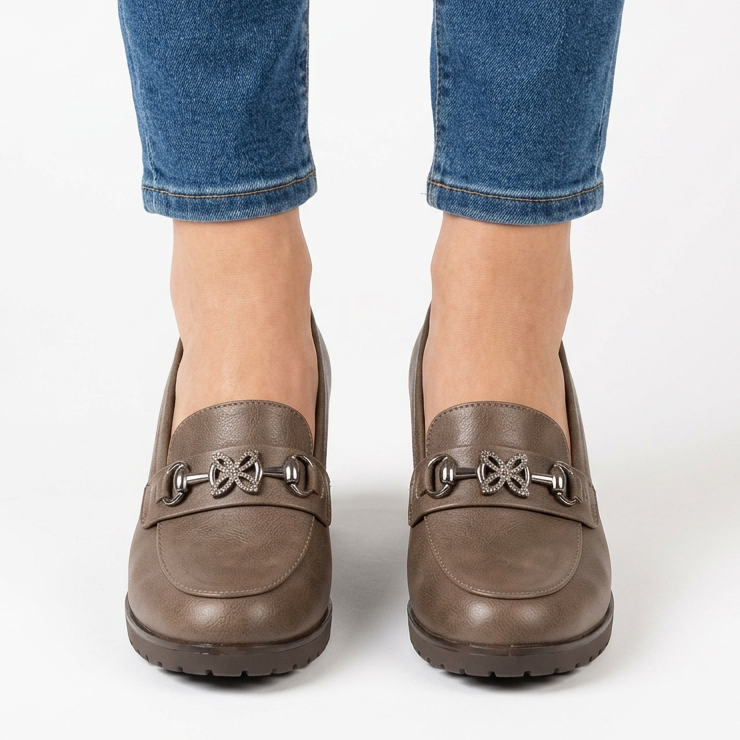 Veronica | Rhinestone Block-Heel Loafer - Taupe