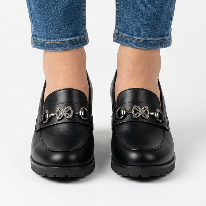 Veronica | Rhinestone Block-Heel Loafer - Black
