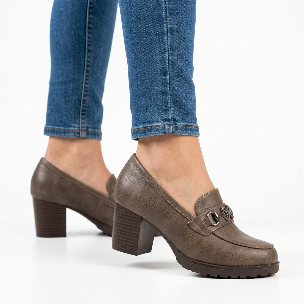 Veronica | Rhinestone Block-Heel Loafer - Taupe