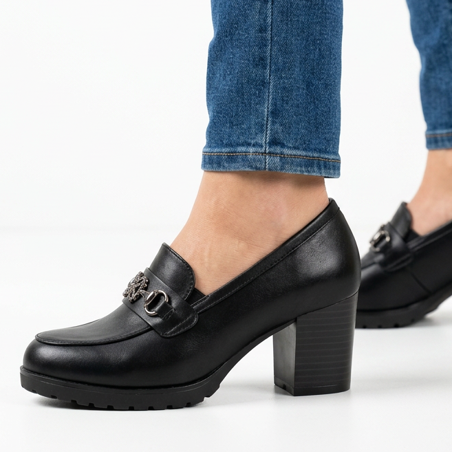 Veronica | Rhinestone Block-Heel Loafer - Black